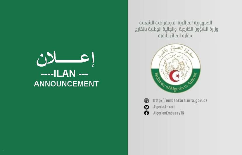 Announcement: The Algerian Embassy in Ankara informs that its offices will be closed on Friday, June 27, 2025 on the occasion of Hijri year 1447